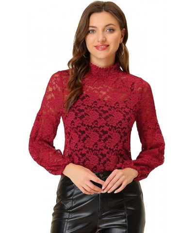 Women's Floral Lace Top Turtleneck Puff Long Sleeve See Through Sheer Blouse Dark Red $18.69 Blouses