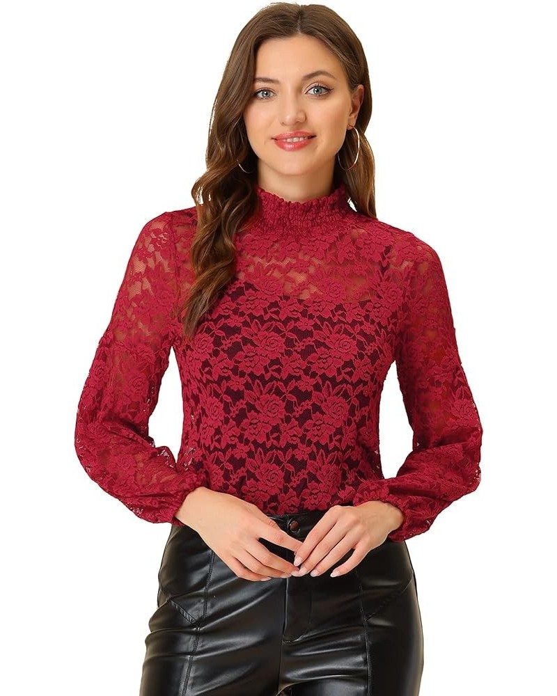 Women's Floral Lace Top Turtleneck Puff Long Sleeve See Through Sheer Blouse Dark Red $18.69 Blouses