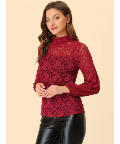 Women's Floral Lace Top Turtleneck Puff Long Sleeve See Through Sheer Blouse Dark Red $18.69 Blouses