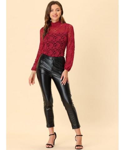 Women's Floral Lace Top Turtleneck Puff Long Sleeve See Through Sheer Blouse Dark Red $18.69 Blouses