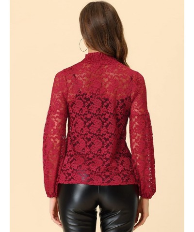 Women's Floral Lace Top Turtleneck Puff Long Sleeve See Through Sheer Blouse Dark Red $18.69 Blouses