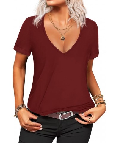 Women's Deep V T-Shirt Summer Short Sleeve Loose Casual Top(S-3XL) Wine Red $14.72 T-Shirts