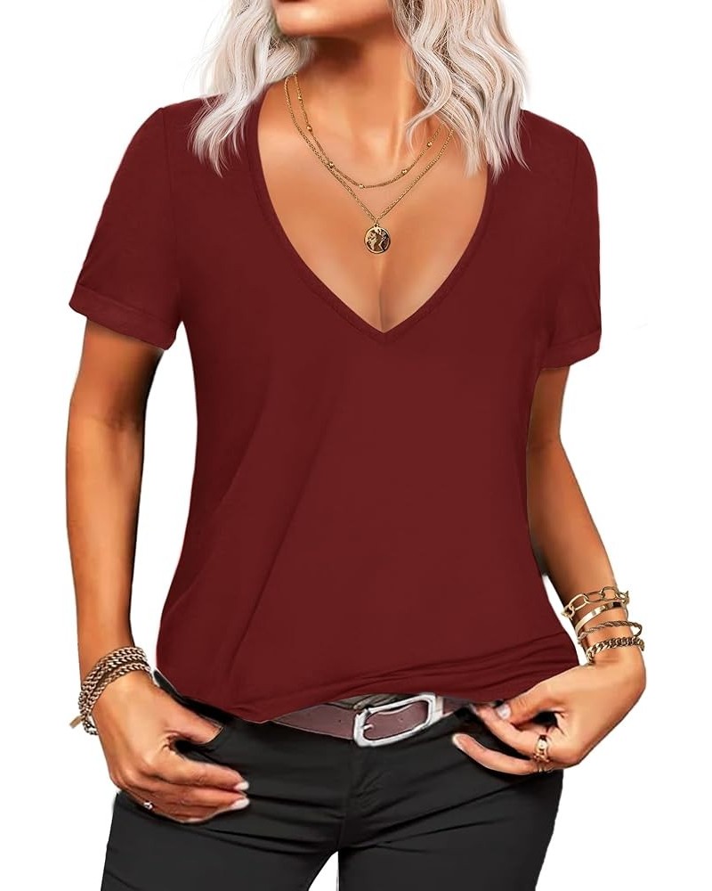 Women's Deep V T-Shirt Summer Short Sleeve Loose Casual Top(S-3XL) Wine Red $14.72 T-Shirts