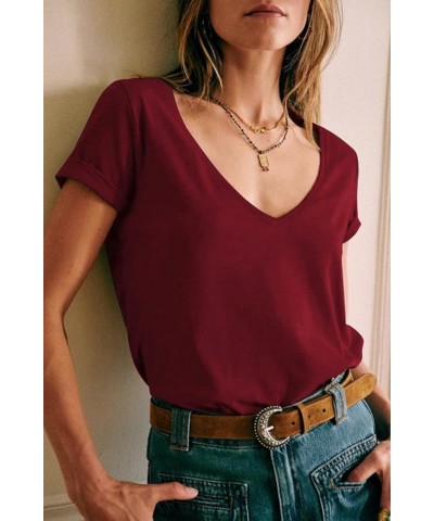 Women's Deep V T-Shirt Summer Short Sleeve Loose Casual Top(S-3XL) Wine Red $14.72 T-Shirts