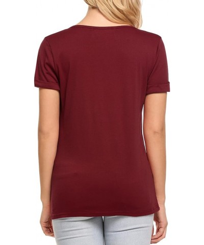 Women's Deep V T-Shirt Summer Short Sleeve Loose Casual Top(S-3XL) Wine Red $14.72 T-Shirts