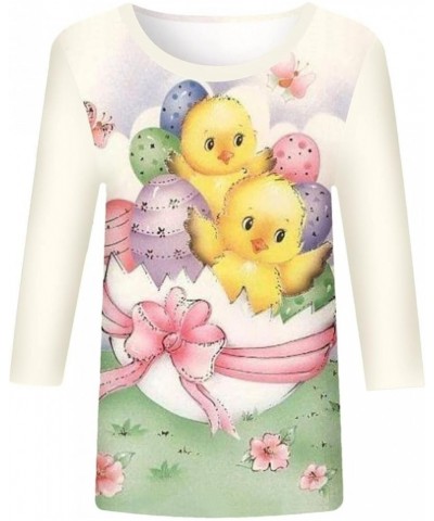 Happy Easter Shirts for Ladies Womens Three Quarter Sleeve Tops Funny Bunny Graphic Shirts Ruond Neck Blouses Pink $4.00 Blouses