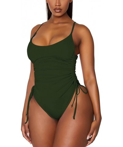 Women's Ruched High Cut One Piece Swimsuit Tummy Control Bathing Suit Monokini Army Green $22.39 Swimsuits