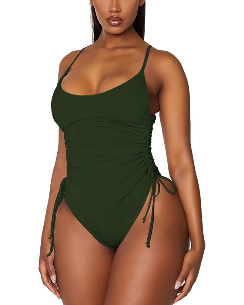 Women's Ruched High Cut One Piece Swimsuit Tummy Control Bathing Suit Monokini Army Green $22.39 Swimsuits