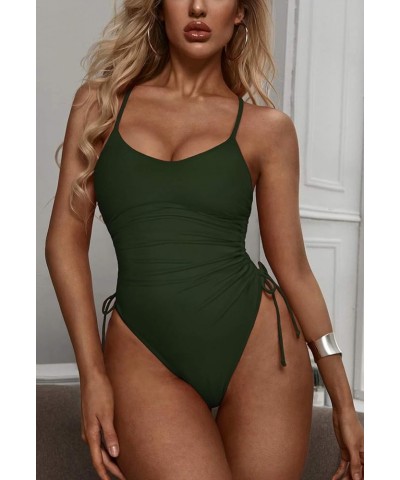 Women's Ruched High Cut One Piece Swimsuit Tummy Control Bathing Suit Monokini Army Green $22.39 Swimsuits