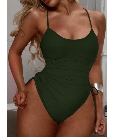 Women's Ruched High Cut One Piece Swimsuit Tummy Control Bathing Suit Monokini Army Green $22.39 Swimsuits