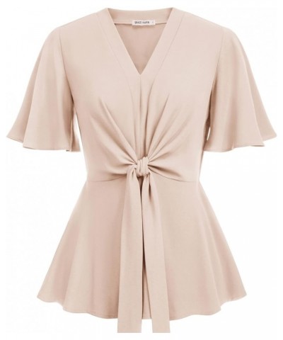 2024 Women's Elegant Peplum Tops V Neck Tie Front Long/Short Bell Sleeve Shirts Tops Blouse Light Khaki $21.19 Blouses