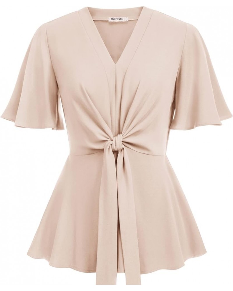 2024 Women's Elegant Peplum Tops V Neck Tie Front Long/Short Bell Sleeve Shirts Tops Blouse Light Khaki $21.19 Blouses