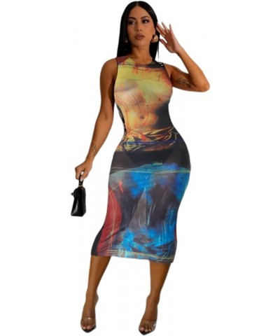 Bodycon Print Dresses for Women Summer Sexy Night Out Maxi Dress Sleeveless Long Sheer Mesh Beach Dress Yellow $10.79 Dresses