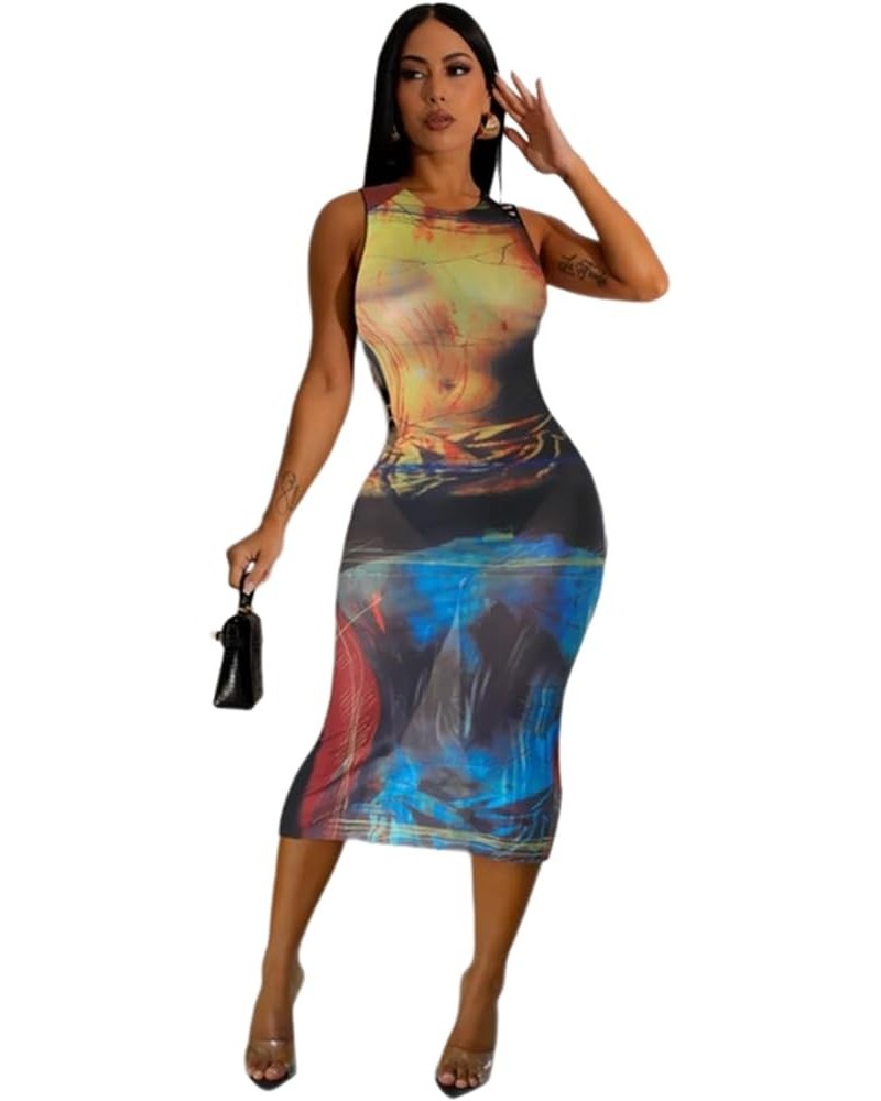 Bodycon Print Dresses for Women Summer Sexy Night Out Maxi Dress Sleeveless Long Sheer Mesh Beach Dress Yellow $10.79 Dresses