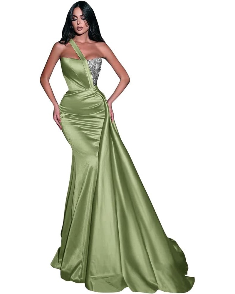 One Shoulder Sequin Mermaid Prom Dress Satin Ruched Ball Gowns Long Evening Formal Party Dress for Women Dusty Sage $36.89 Dr...