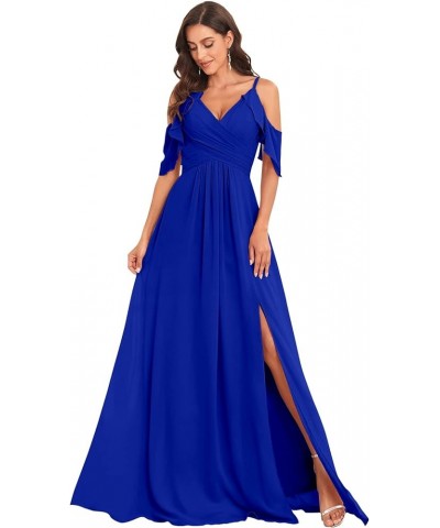 Cold Shoulder Bridesmaid Dress Long for Women with Slit Spaghetti Straps Chiffon Formal Party Dresses Royal Blue $26.94 Dresses