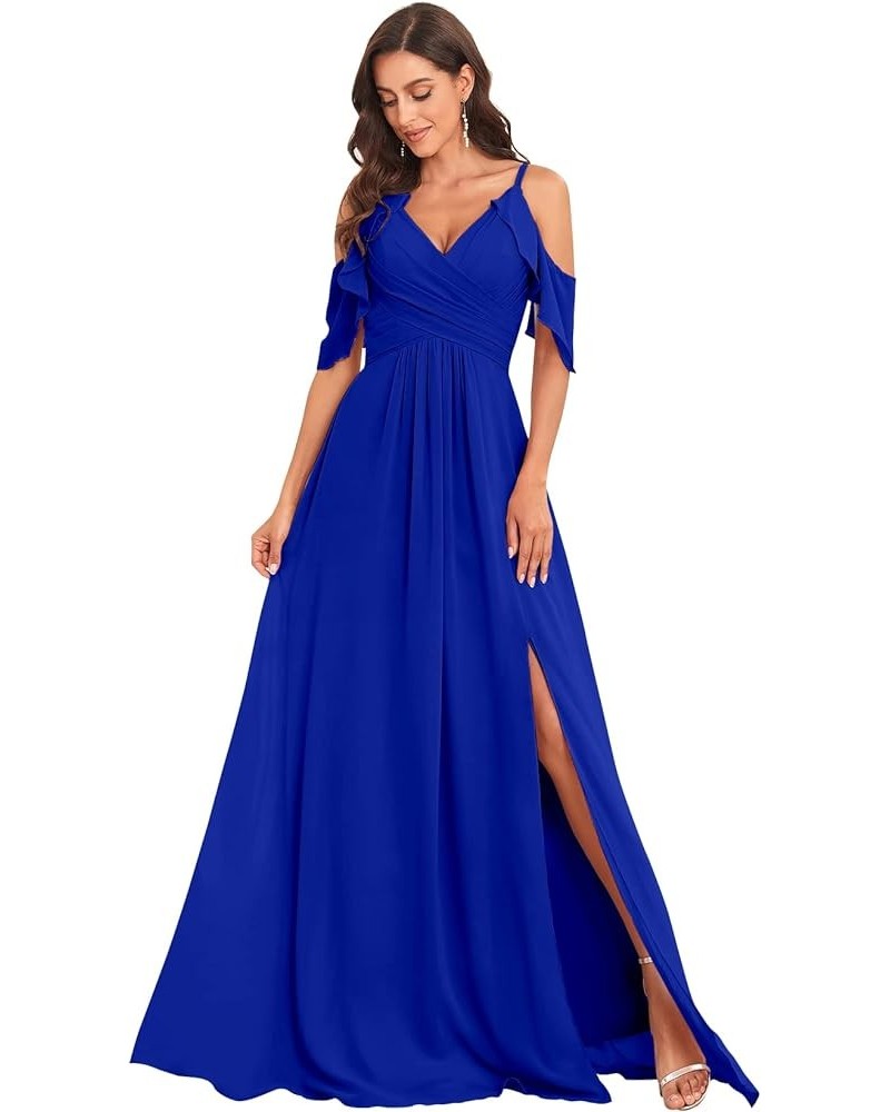 Cold Shoulder Bridesmaid Dress Long for Women with Slit Spaghetti Straps Chiffon Formal Party Dresses Royal Blue $26.94 Dresses