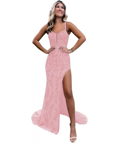 Women's Sequin Long Prom Dresses with Slit Tulle Corset Formal Evening Gowns with Applique Lace AG087 Blush Pink $30.34 Dresses