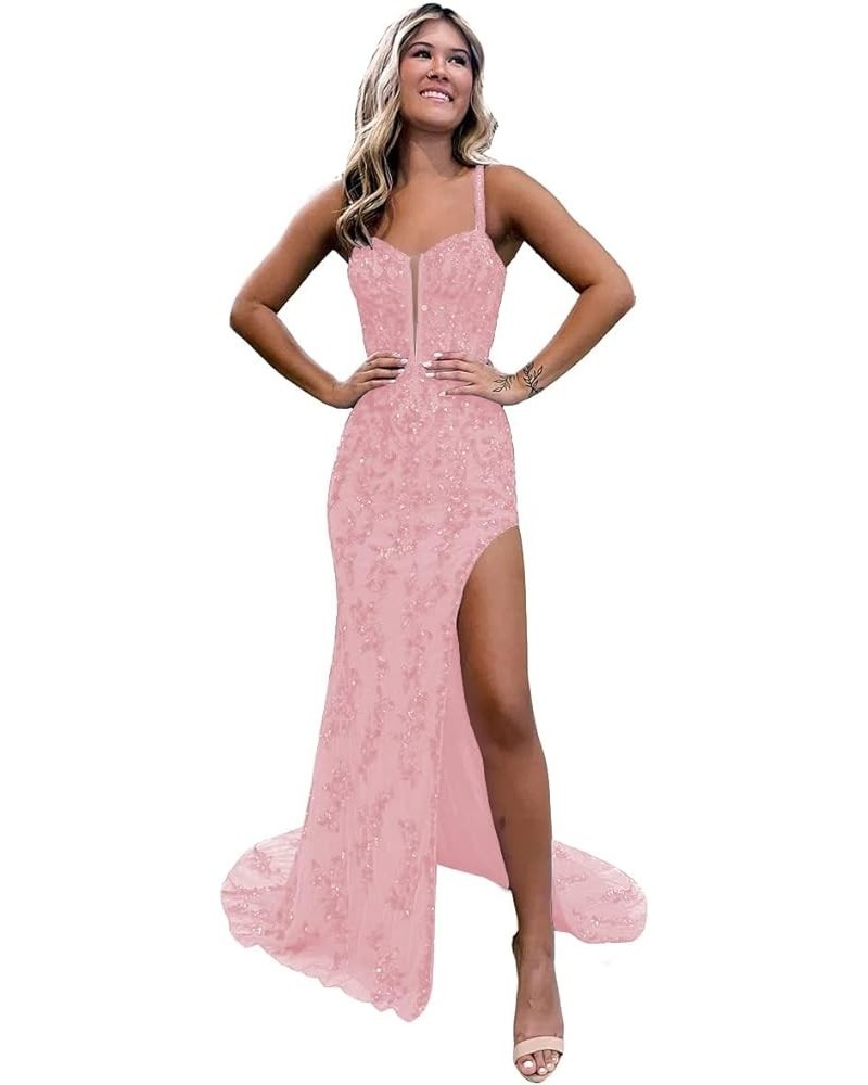 Women's Sequin Long Prom Dresses with Slit Tulle Corset Formal Evening Gowns with Applique Lace AG087 Blush Pink $30.34 Dresses