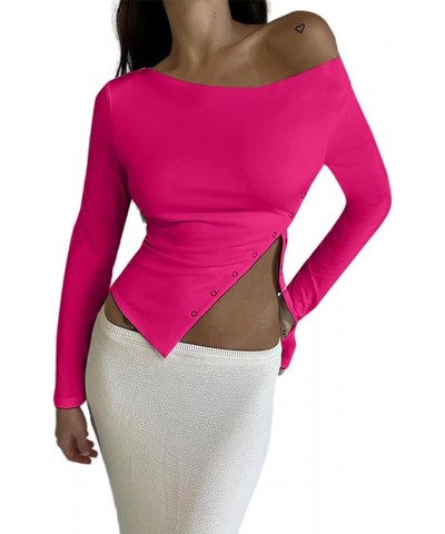 Women's Asymmetrical Neck Long Sleeve Top Cut Out Neck Fitted Tee Shirt Hb-hot Pink $7.61 T-Shirts