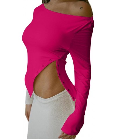 Women's Asymmetrical Neck Long Sleeve Top Cut Out Neck Fitted Tee Shirt Hb-hot Pink $7.61 T-Shirts