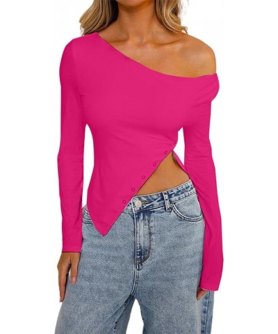 Women's Asymmetrical Neck Long Sleeve Top Cut Out Neck Fitted Tee Shirt Hb-hot Pink $7.61 T-Shirts