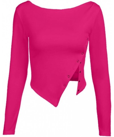 Women's Asymmetrical Neck Long Sleeve Top Cut Out Neck Fitted Tee Shirt Hb-hot Pink $7.61 T-Shirts