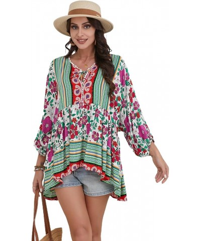 Women Boho V-neck 3/4 Sleeves Tunic Top Relaxed Fit Casual Print Blouse Fuchsia $17.84 Blouses