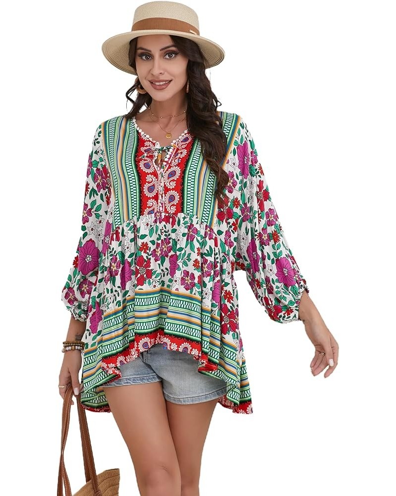 Women Boho V-neck 3/4 Sleeves Tunic Top Relaxed Fit Casual Print Blouse Fuchsia $17.84 Blouses