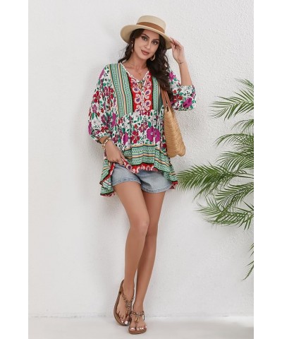 Women Boho V-neck 3/4 Sleeves Tunic Top Relaxed Fit Casual Print Blouse Fuchsia $17.84 Blouses