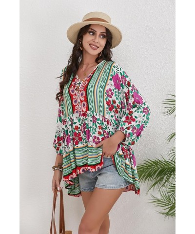 Women Boho V-neck 3/4 Sleeves Tunic Top Relaxed Fit Casual Print Blouse Fuchsia $17.84 Blouses