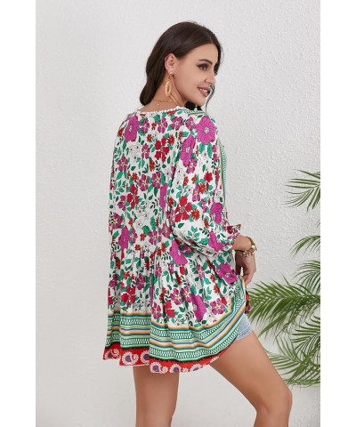 Women Boho V-neck 3/4 Sleeves Tunic Top Relaxed Fit Casual Print Blouse Fuchsia $17.84 Blouses