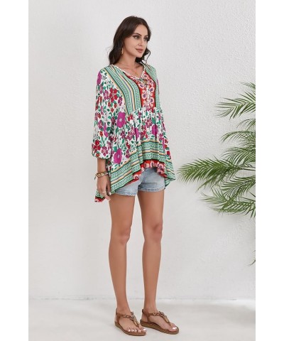 Women Boho V-neck 3/4 Sleeves Tunic Top Relaxed Fit Casual Print Blouse Fuchsia $17.84 Blouses