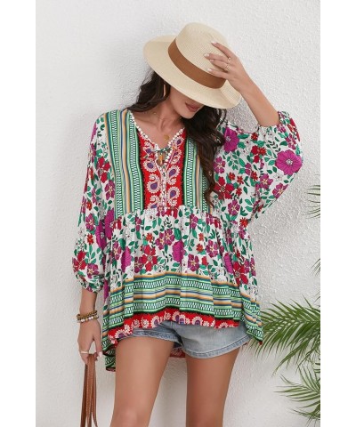 Women Boho V-neck 3/4 Sleeves Tunic Top Relaxed Fit Casual Print Blouse Fuchsia $17.84 Blouses