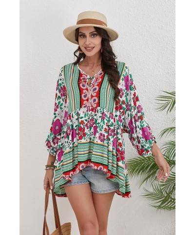 Women Boho V-neck 3/4 Sleeves Tunic Top Relaxed Fit Casual Print Blouse Fuchsia $17.84 Blouses