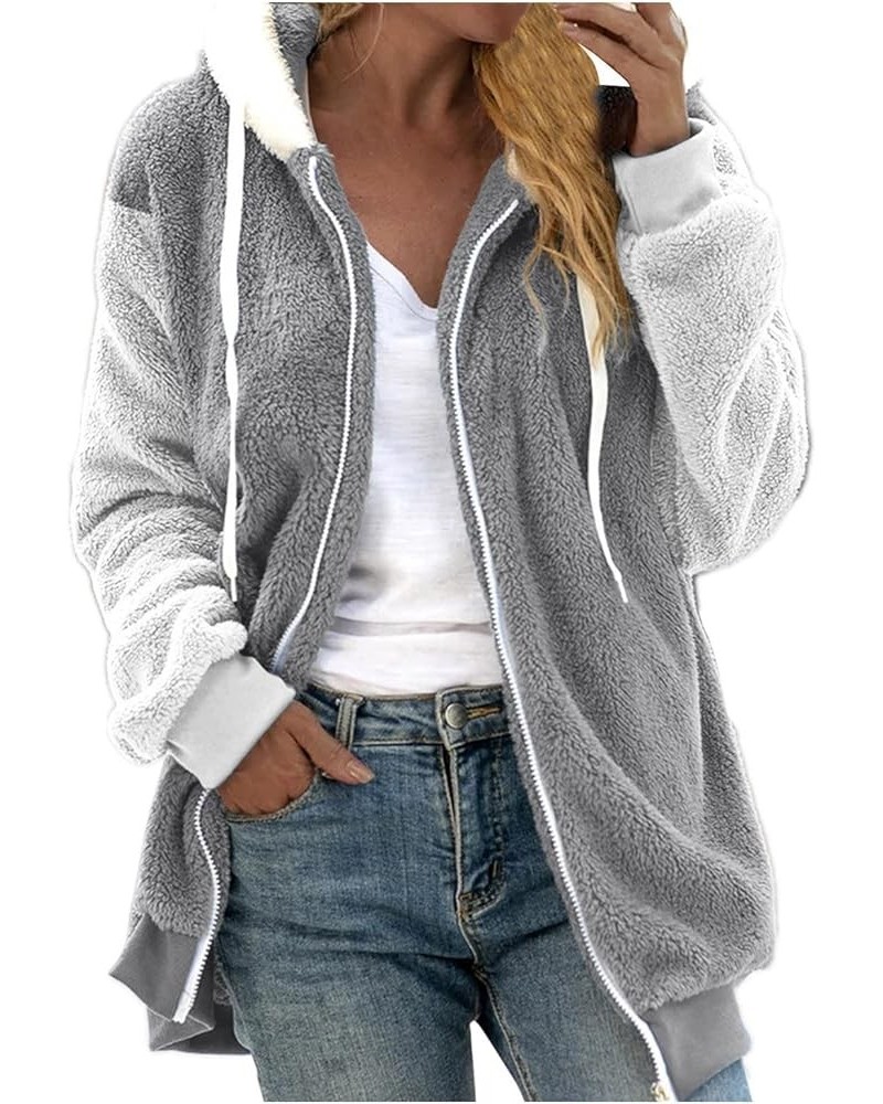 Fleece Jacket Women Fashion Warm Zipper Hooded Jacket Cute Plus Size Long Sleeve Coats Hiking Outdoor Winter Tops F-gray $9.6...