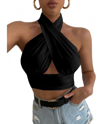 Women's Sexy Crisscross Halter Cutout Sleeveless Backless Cami Crop Top Black $11.20 Tanks