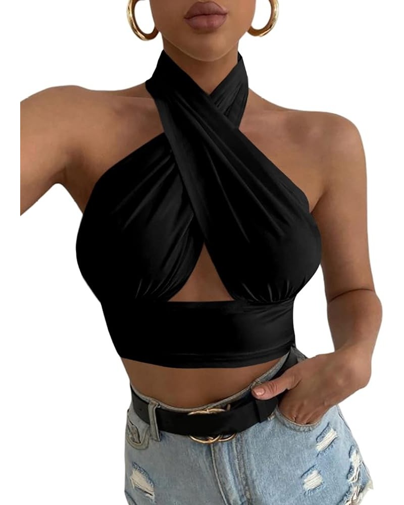 Women's Sexy Crisscross Halter Cutout Sleeveless Backless Cami Crop Top Black $11.20 Tanks