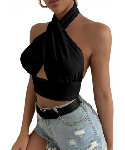 Women's Sexy Crisscross Halter Cutout Sleeveless Backless Cami Crop Top Black $11.20 Tanks