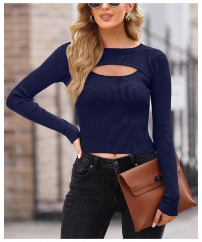 Womens Ribbed Knit Cut Out Sweaters Sexy Slim Fit Crop Tops Navy $14.40 Sweaters