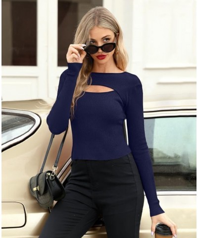 Womens Ribbed Knit Cut Out Sweaters Sexy Slim Fit Crop Tops Navy $14.40 Sweaters