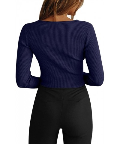 Womens Ribbed Knit Cut Out Sweaters Sexy Slim Fit Crop Tops Navy $14.40 Sweaters