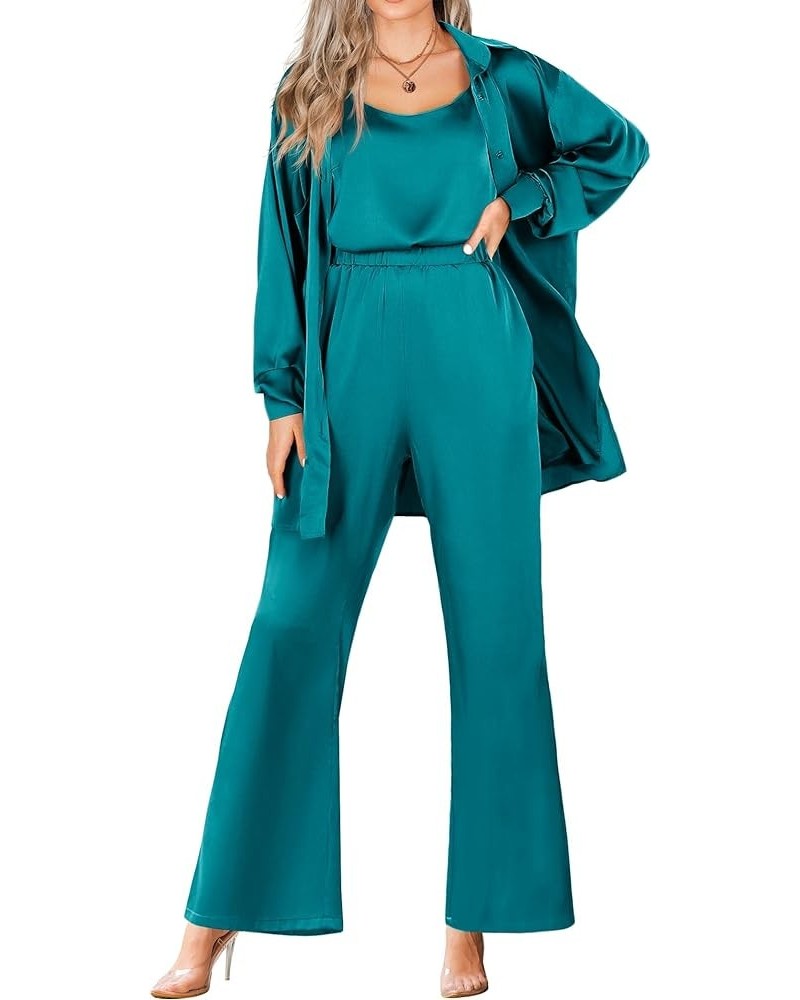 Womens Silk 3 Piece Pajamas Satin Camisole Loungewear Set Button-Down Cardigan with Loose Pants S-XXL Blue Green $19.37 Lingerie