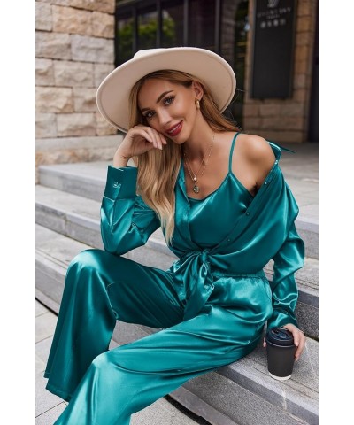 Womens Silk 3 Piece Pajamas Satin Camisole Loungewear Set Button-Down Cardigan with Loose Pants S-XXL Blue Green $19.37 Lingerie