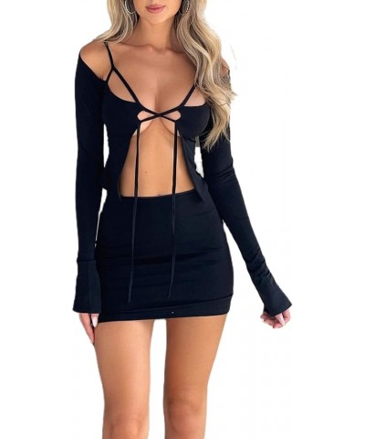 Sexy Mini Skirt Set Women Off Shoulder Tube Crop Top Low Cut Bodycon Ruched Short Skirt Y2k Suit 2 Piece Tie Black $9.17 Suits