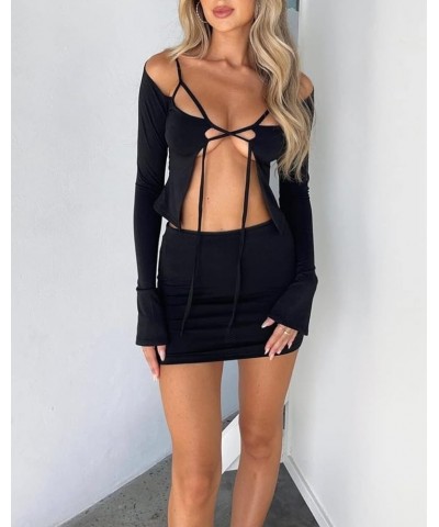 Sexy Mini Skirt Set Women Off Shoulder Tube Crop Top Low Cut Bodycon Ruched Short Skirt Y2k Suit 2 Piece Tie Black $9.17 Suits