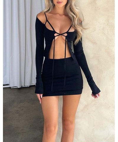 Sexy Mini Skirt Set Women Off Shoulder Tube Crop Top Low Cut Bodycon Ruched Short Skirt Y2k Suit 2 Piece Tie Black $9.17 Suits