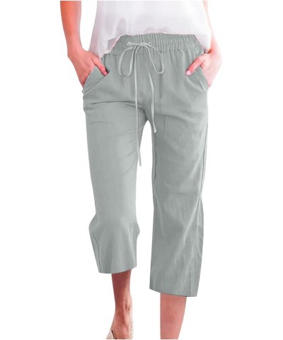 Capris for Women Casual Summer Elastic Waist Linen Capri Pants Wide Leg Cropped Pants Loose Cooling Crop Trousers D3_mint Gre...