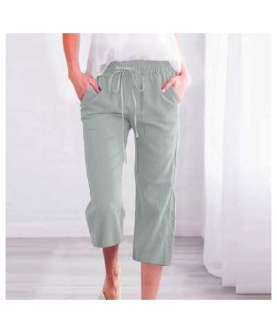 Capris for Women Casual Summer Elastic Waist Linen Capri Pants Wide Leg Cropped Pants Loose Cooling Crop Trousers D3_mint Gre...