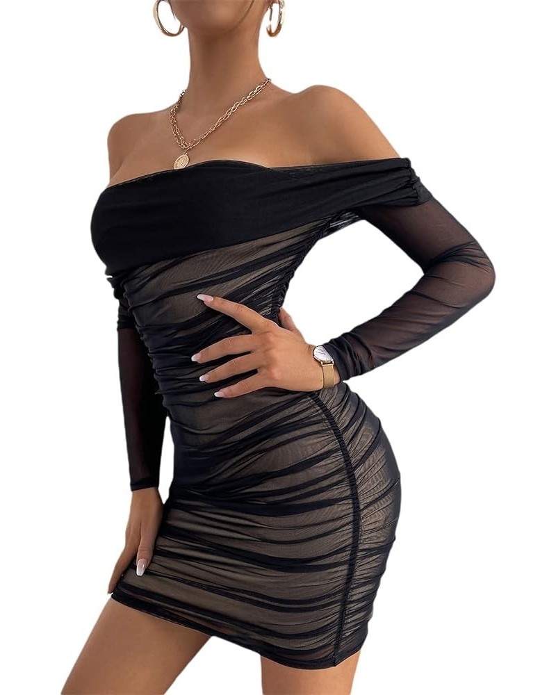 Women's Off Shoulder Ruched Mesh Dress Sleeveless Draped Mini Bodycon Party Cocktail Dresses Black $24.63 Dresses